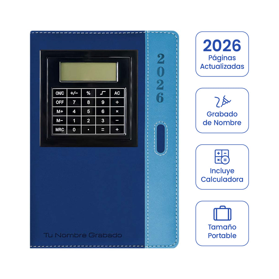 Cubierta de Agenda con Calculadora 2026 Azul + Grabado Personalizado.