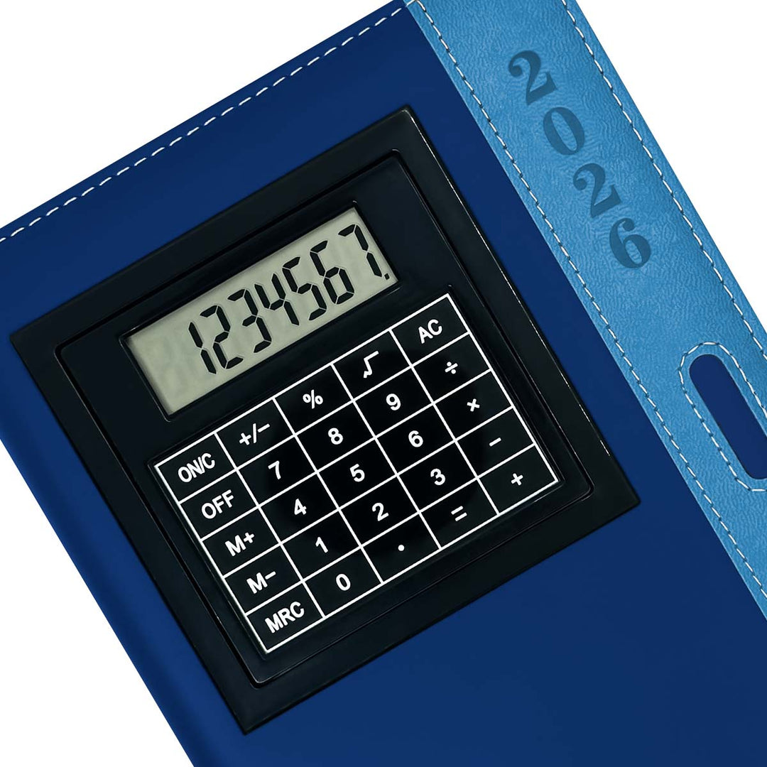 Detalles de Agenda con Calculadora 2026 Azul + Grabado Personalizado.