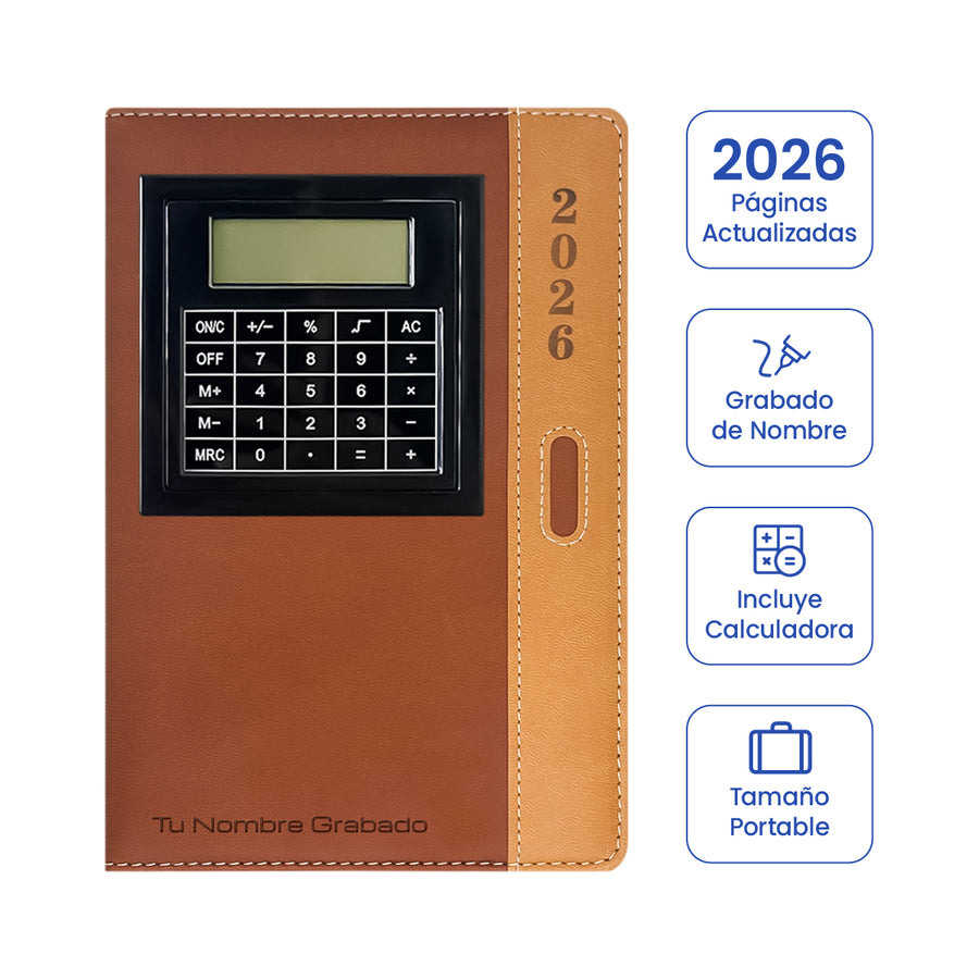 Cubierta de Agenda con Calculadora 2026 Marrón + Grabado Personalizado.