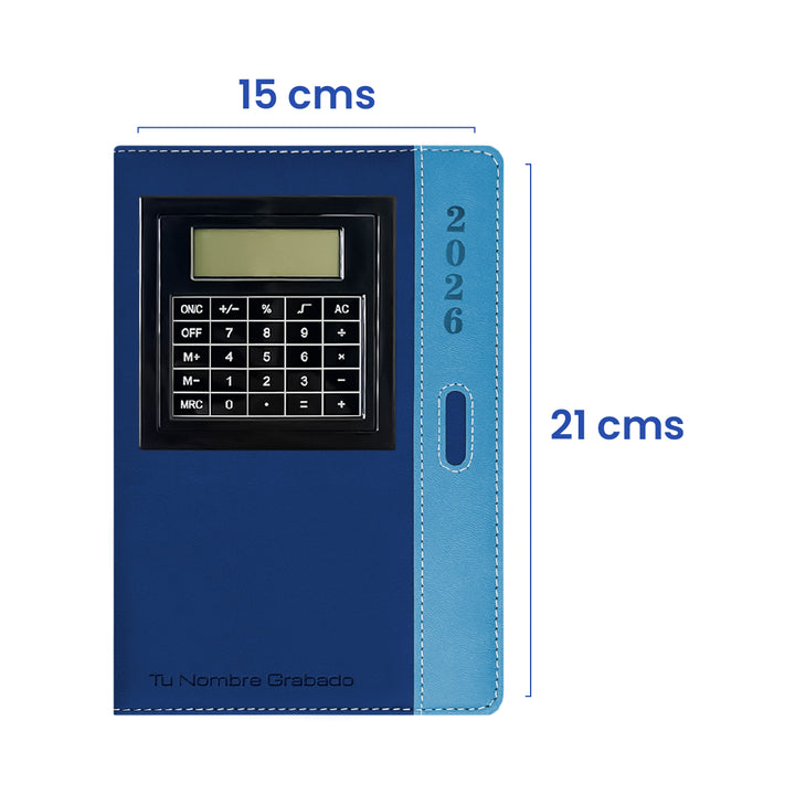 Tamaño de Agenda con Calculadora 2026 Azul + Grabado Personalizado.