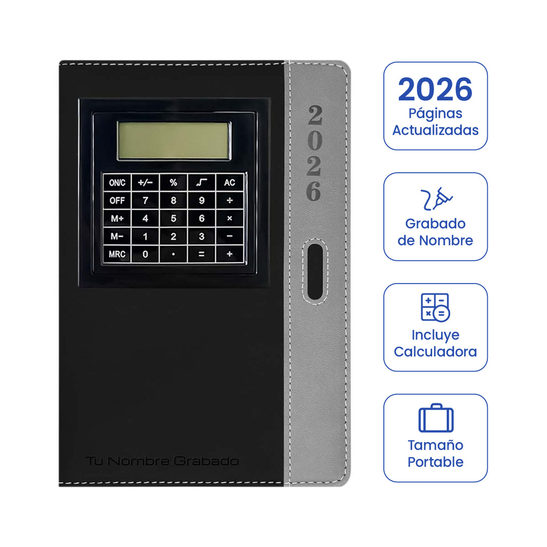 Cubierta de Agenda con Calculadora 2026 Negra + Grabado Personalizado.