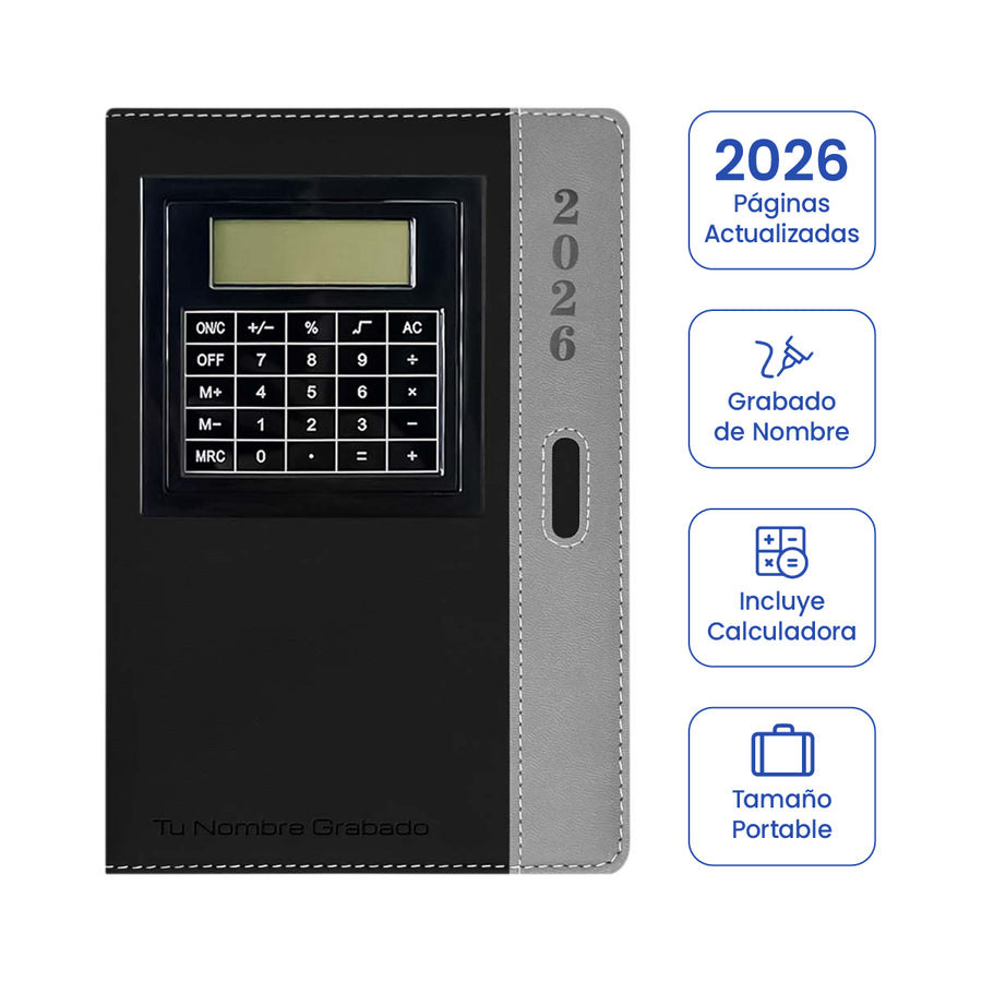 Cubierta de Agenda con Calculadora 2026 Negra + Grabado Personalizado.