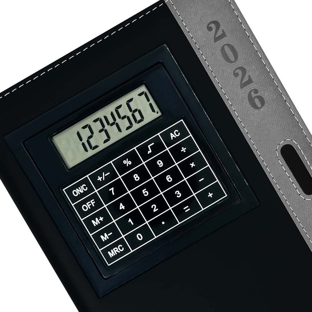 Detalles de Agenda con Calculadora 2026 Negra + Grabado Personalizado.