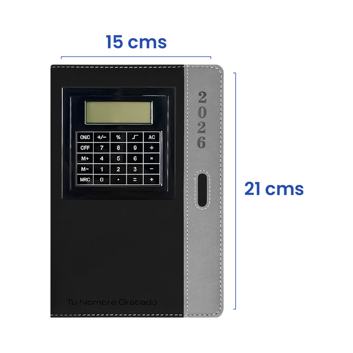 Tamaño de Agenda con Calculadora 2026 Negra + Grabado Personalizado.