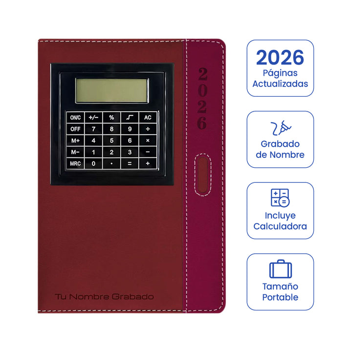 Cubierta de Agenda con Calculadora 2026 Roja + Grabado Personalizado.