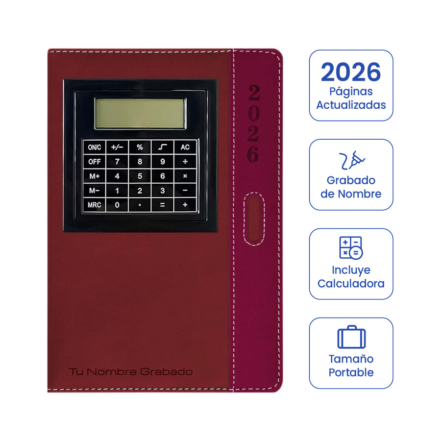 Cubierta de Agenda con Calculadora 2026 Roja + Grabado Personalizado.