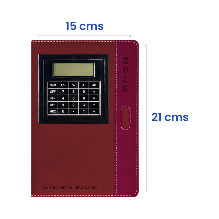 Tamaño de Agenda con Calculadora 2026 Roja + Grabado Personalizado.
