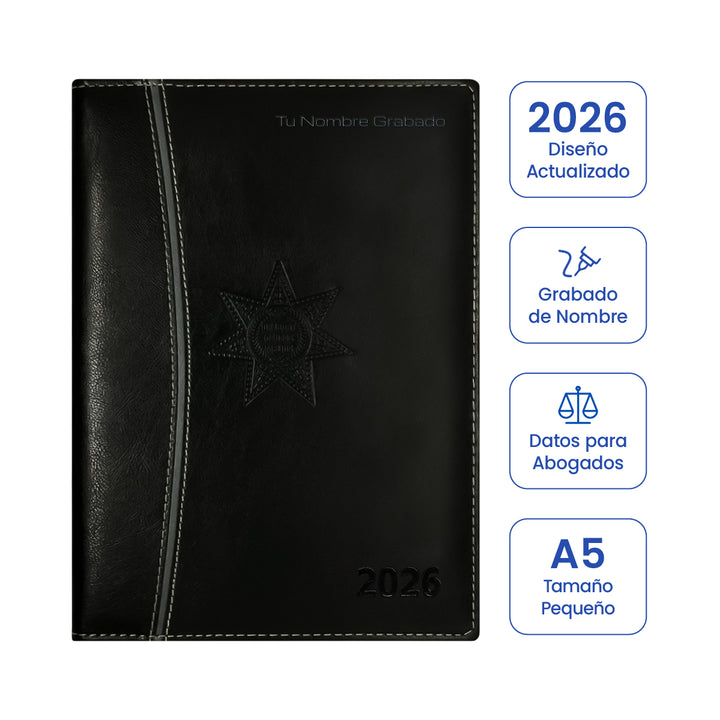 Cubierta de Agenda para Abogado 2026 Negra + Grabado Personalizado (Tamaño Pequeño).
