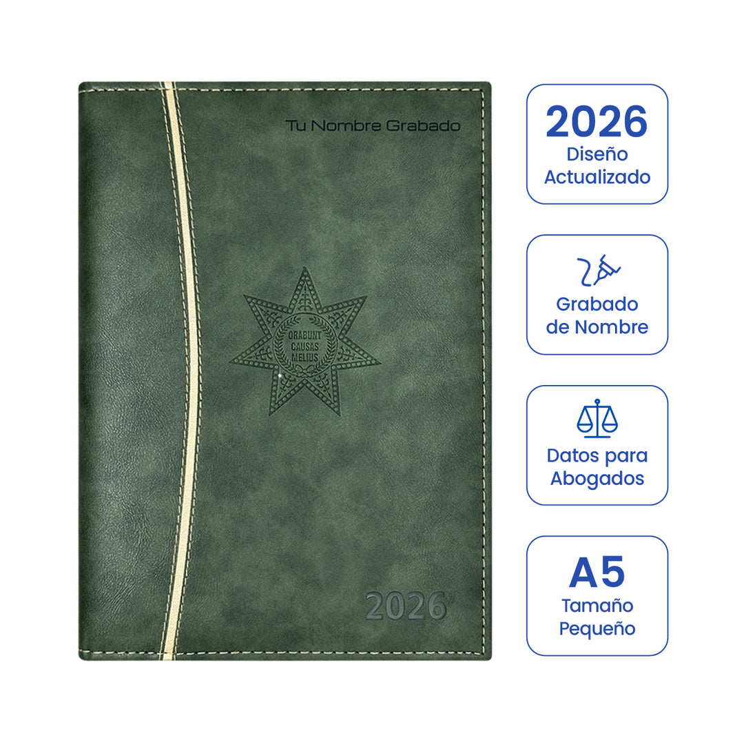Cubierta de Agenda para Abogado 2026 Verde + Grabado Personalizado (Tamaño Pequeño).