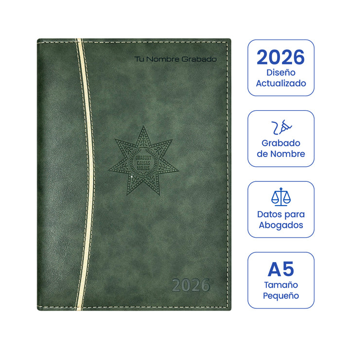 Cubierta de Agenda para Abogado 2026 Verde + Grabado Personalizado (Tamaño Pequeño).