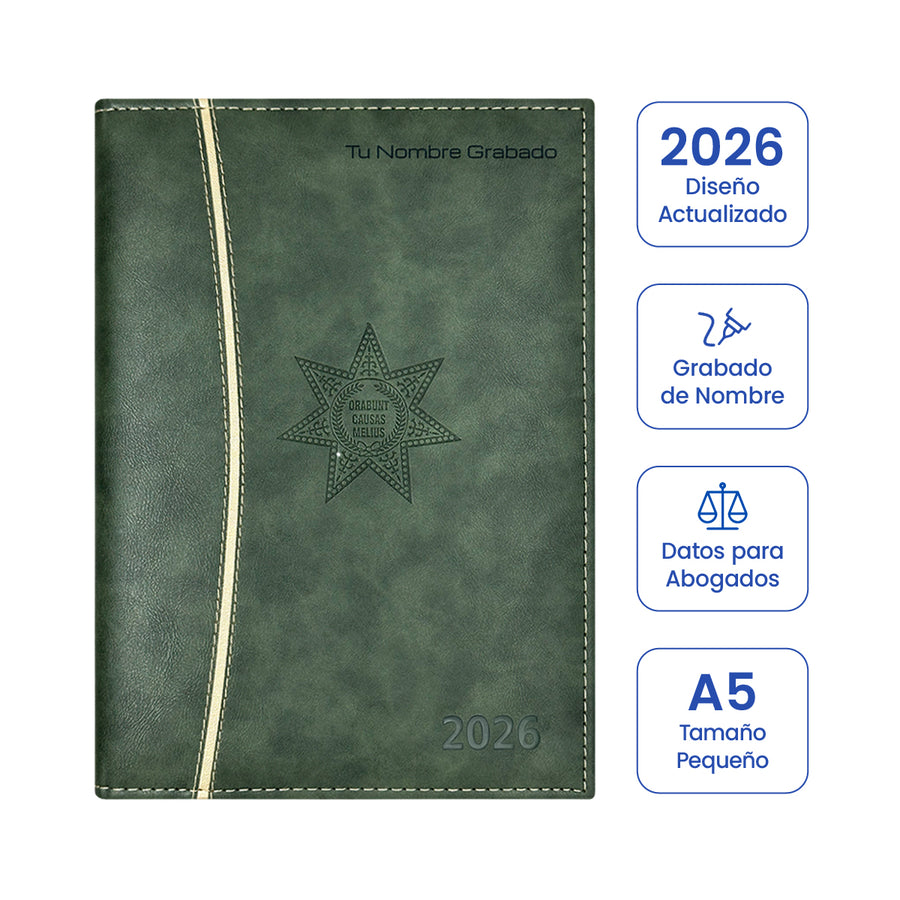 Cubierta de Agenda para Abogado 2026 Verde + Grabado Personalizado (Tamaño Pequeño).