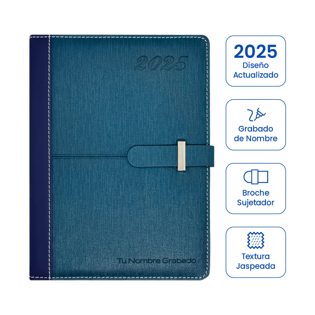 Agenda Ejecutiva 2025 Azul + Grabado Personalizado (Modelo Jaspeado)