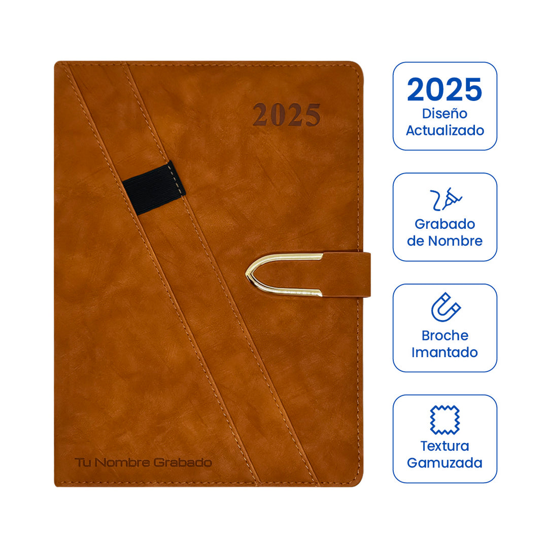 Agenda Ejecutiva 2025 Caramelo + Grabado Personalizado (Modelo Gamuzado)