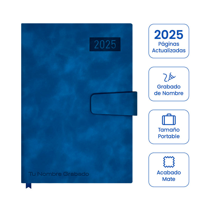 Cubierta de Agenda Ejecutiva 2025 A5 Compacta Azul + Grabado Personalizado.