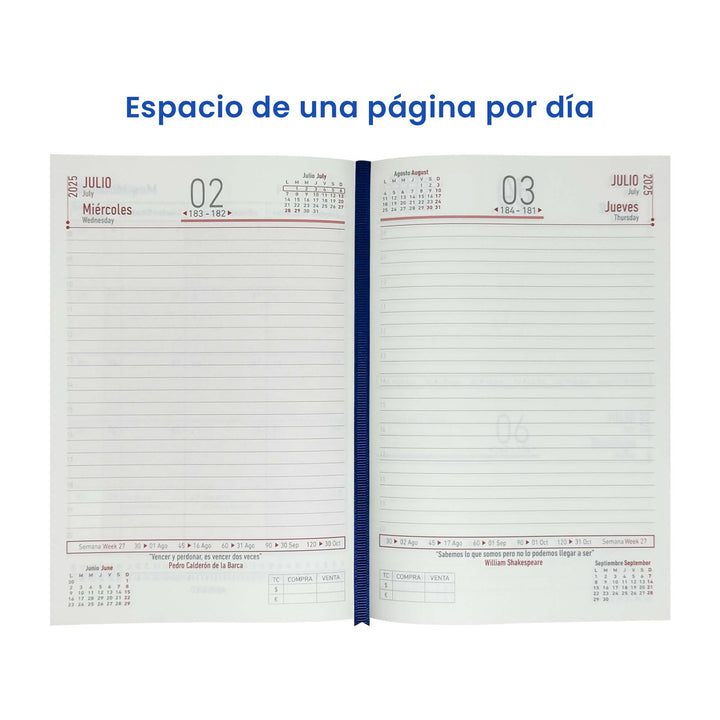 Páginas de Agenda Ejecutiva 2025 A5 Compacta Azul + Grabado Personalizado.