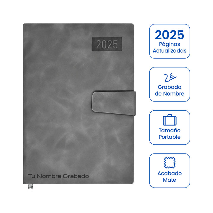 Cubierta de Agenda Ejecutiva 2025 A5 Compacta Gris + Grabado Personalizado.