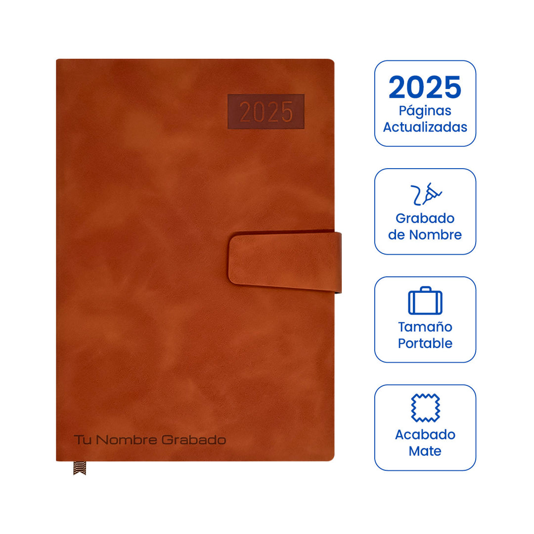 Cubierta de Agenda Ejecutiva 2025 A5 Compacta Marrón + Grabado Personalizado.