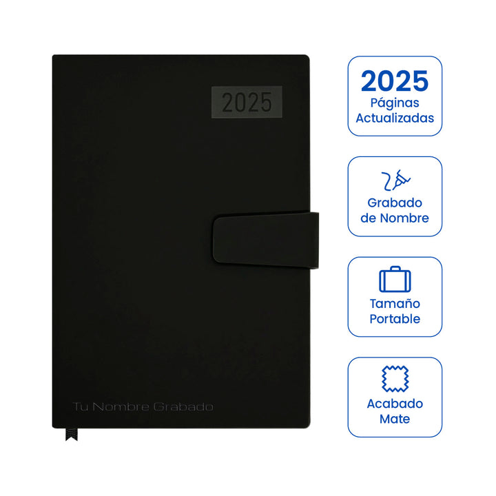 Cubierta de Agenda Ejecutiva 2025 A5 Compacta Negra + Grabado Personalizado.