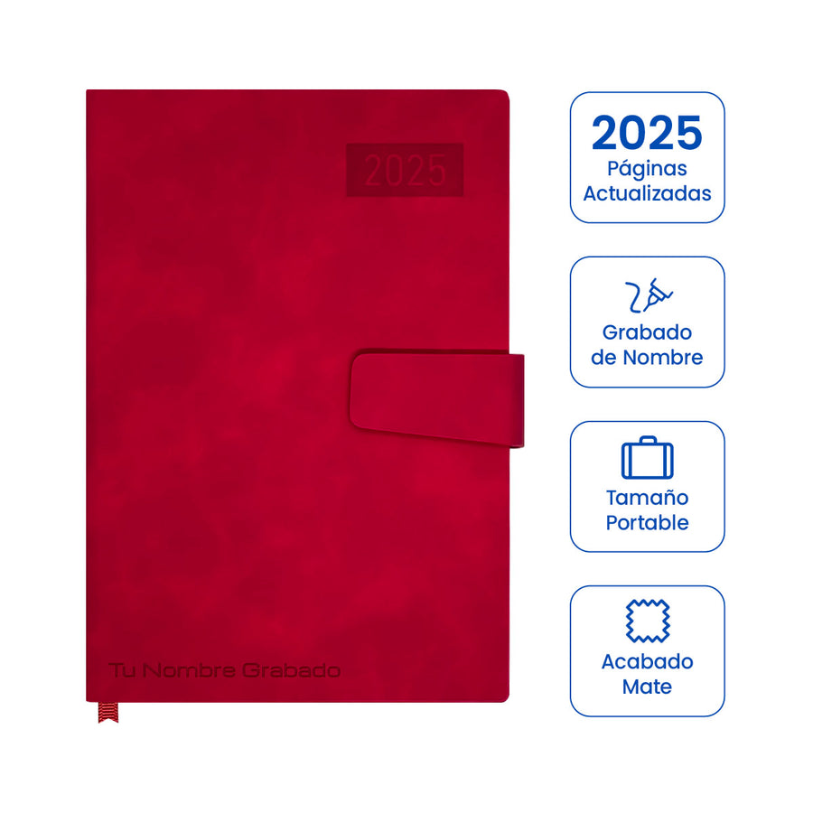 Cubierta de Agenda Ejecutiva 2025 A5 Compacta Roja + Grabado Personalizado.