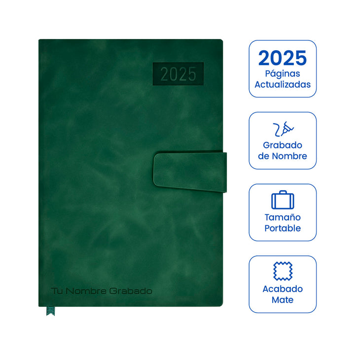 Cubierta de Agenda Ejecutiva 2025 A5 Compacta Verde + Grabado Personalizado.