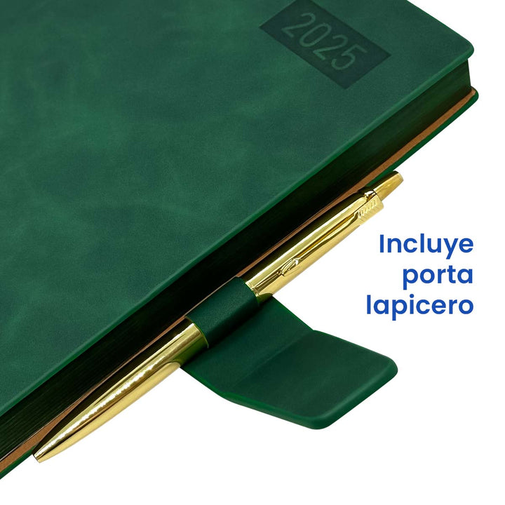 Portalapicero de Agenda Ejecutiva 2025 A5 Compacta Verde + Grabado Personalizado.