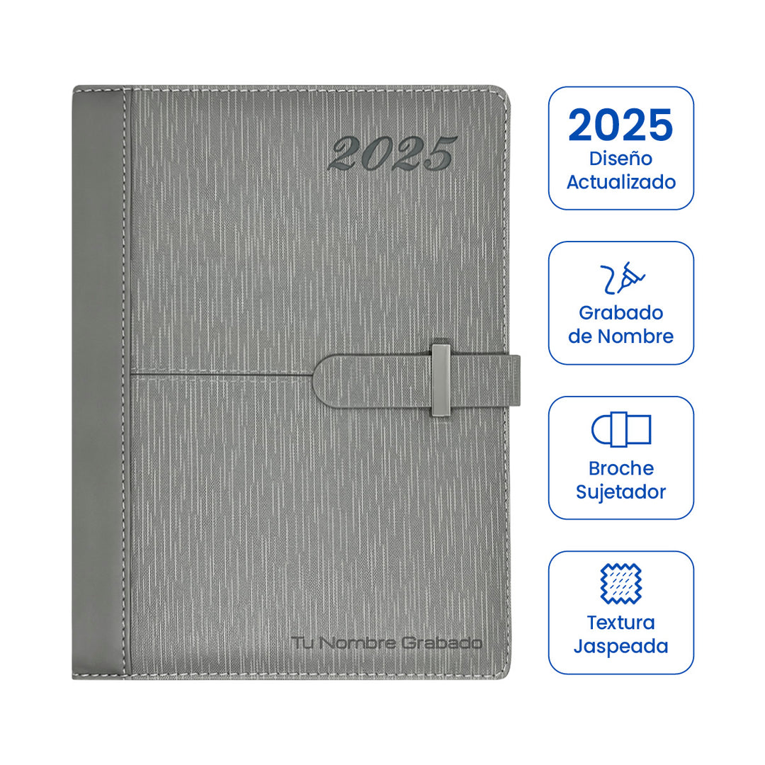 Agenda Ejecutiva 2025 Gris Jaspeada + Grabado Personalizado