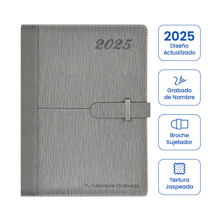 Agenda Ejecutiva 2025 Gris + Grabado Personalizado (Modelo Jaspeado)