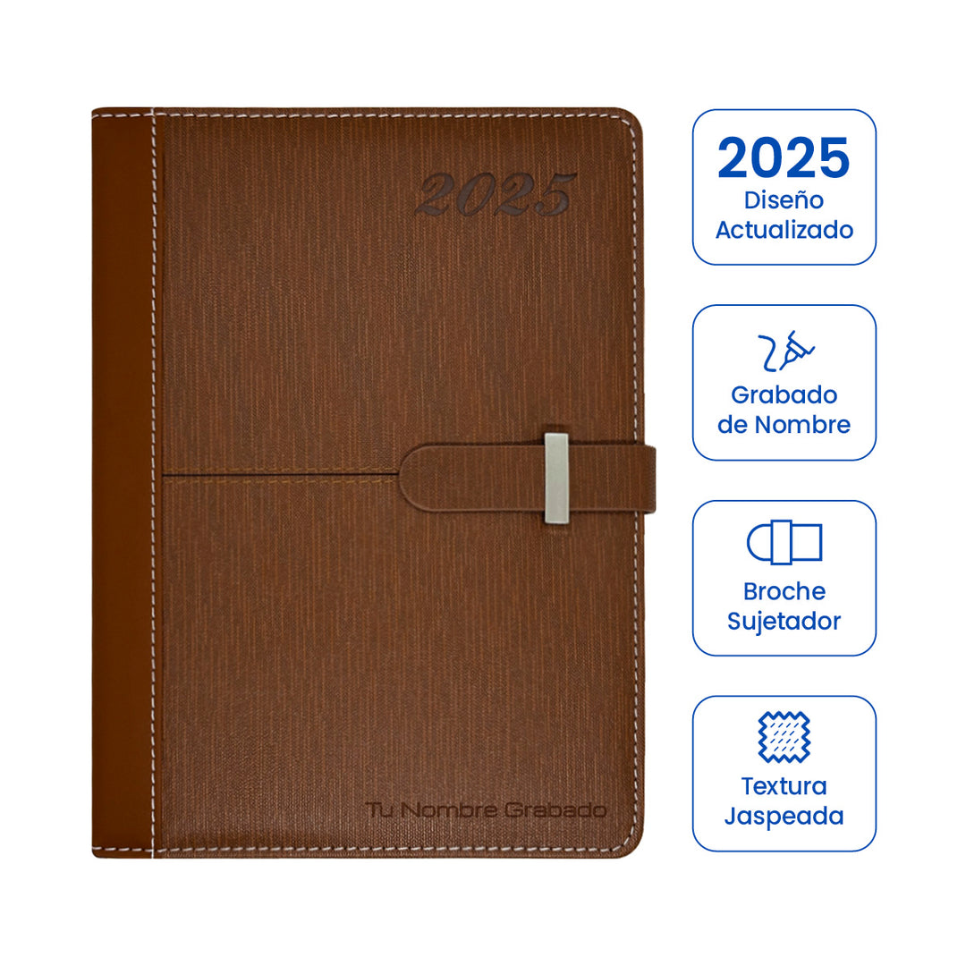 Agenda Ejecutiva 2025 Marrón + Grabado Personalizado (Modelo Jaspeado)