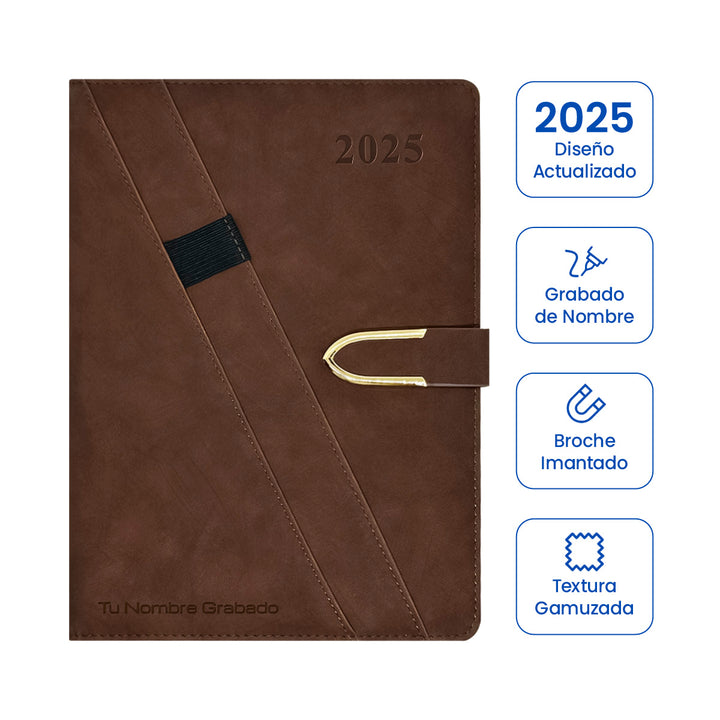 Agenda Ejecutiva 2025 Marrón + Grabado Personalizado (Modelo Gamuzado)