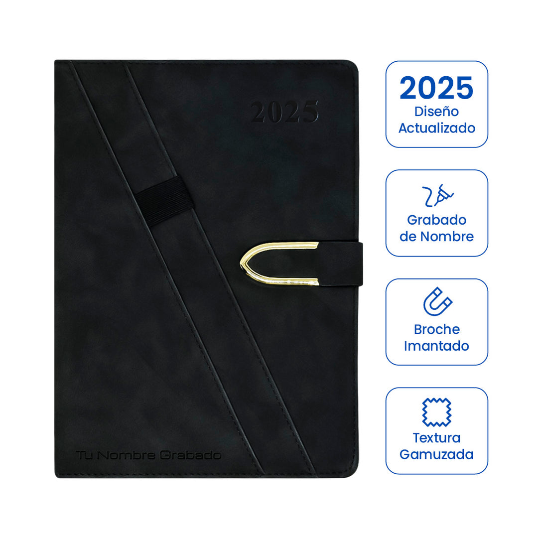 Agenda Ejecutiva 2025 Negra + Grabado Personalizado (Modelo Gamuzado)