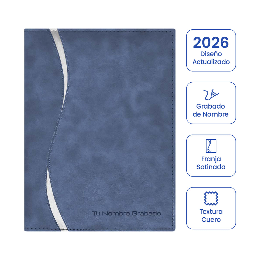 Cubierta de la Agenda Ejecutiva 2026 Azul Acero Onda + Grabado Personalizado.