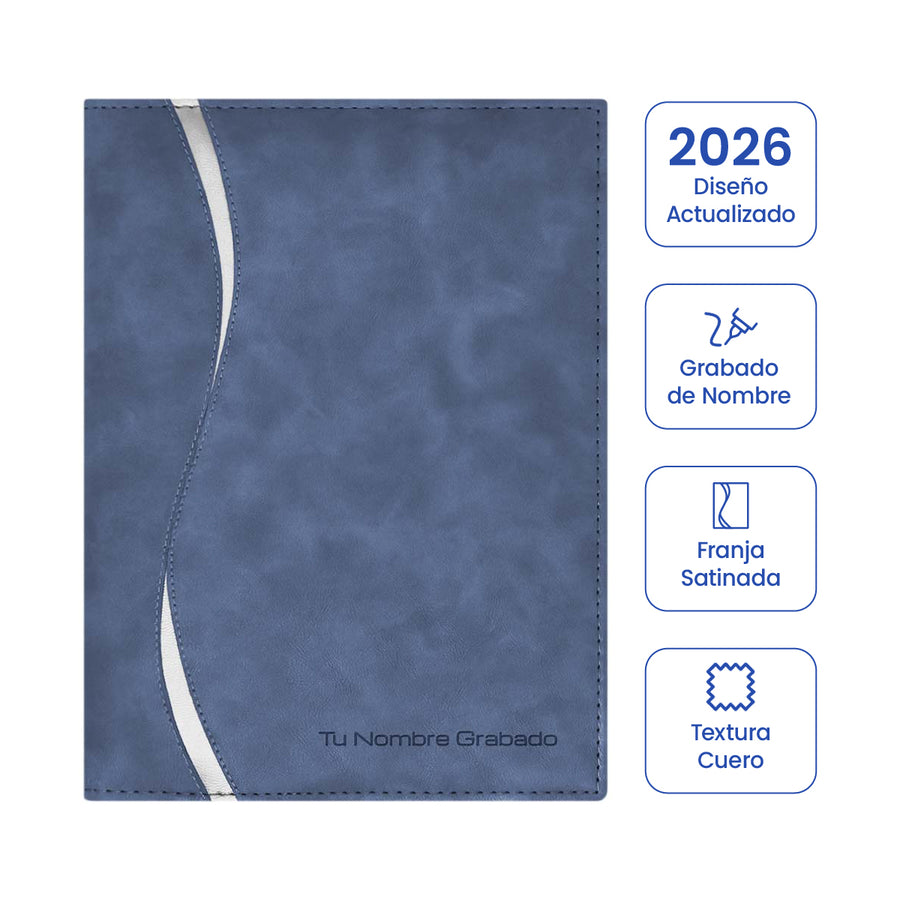Cubierta de la Agenda Ejecutiva 2026 Azul Acero Onda + Grabado Personalizado.
