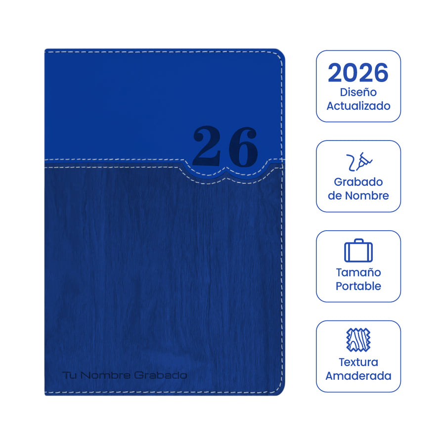 Cubierta de Agenda Ejecutiva 2026 Azul Amaderada (A5) + Grabado Personalizado.