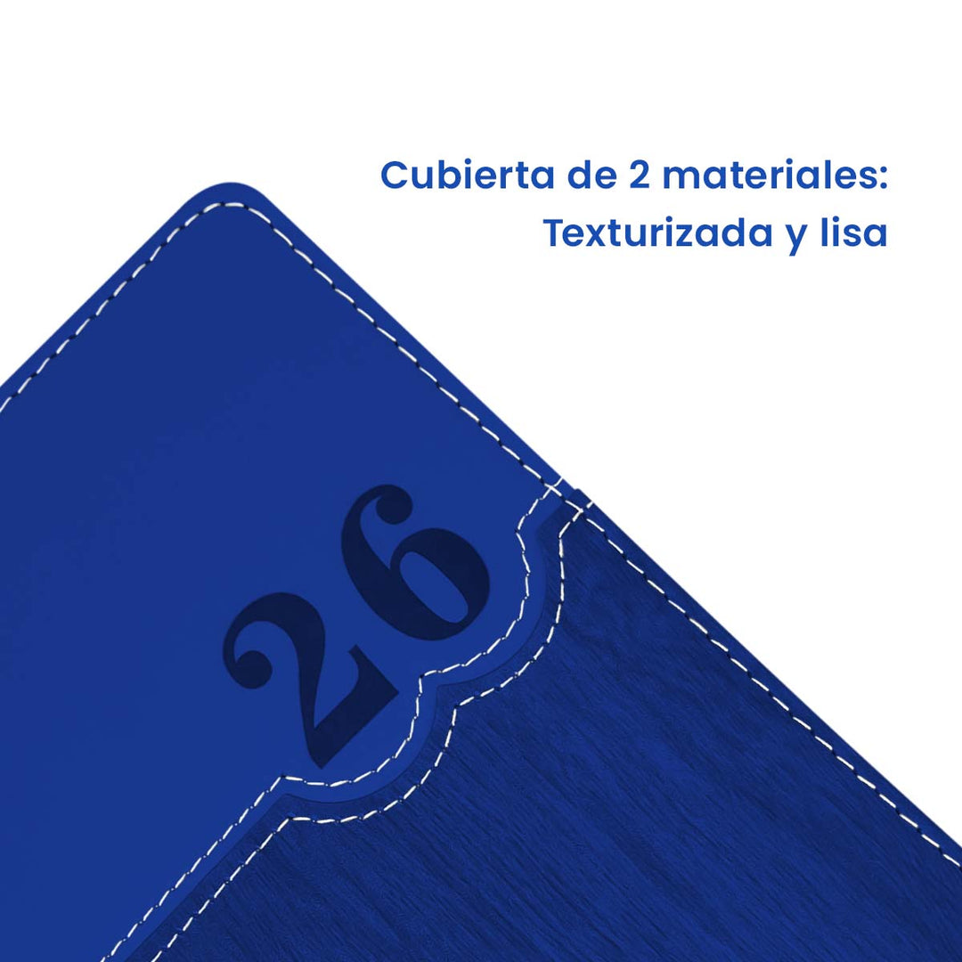 Cubierta de 2 materiales de Agenda Ejecutiva 2026 Azul Amaderada (A5) + Grabado Personalizado.