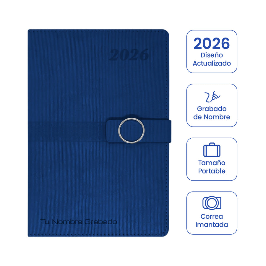 Cubierta de Agenda Ejecutiva 2026 Azul Anillo (A5) + Grabado Personalizado.