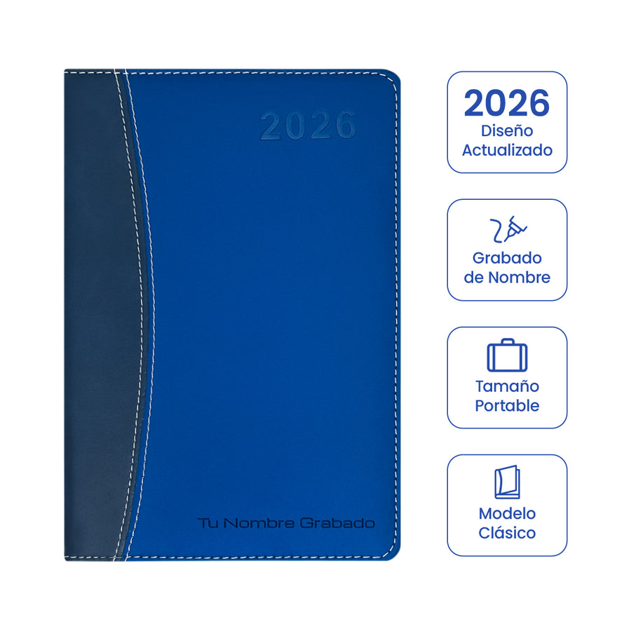 Cubierta de Agenda Ejecutiva 2026 Azul Clásica (A5) + Grabado Personalizado.