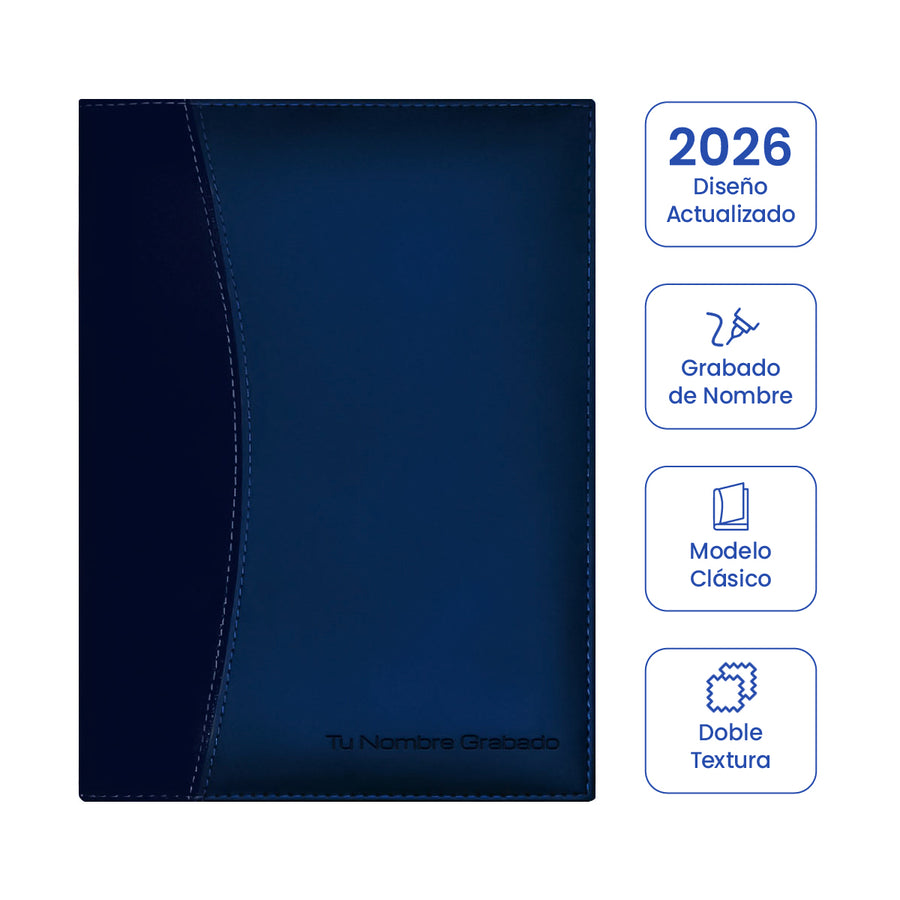 Cubierta de Agenda Ejecutiva 2026 Azul Clásica + Grabado Personalizado