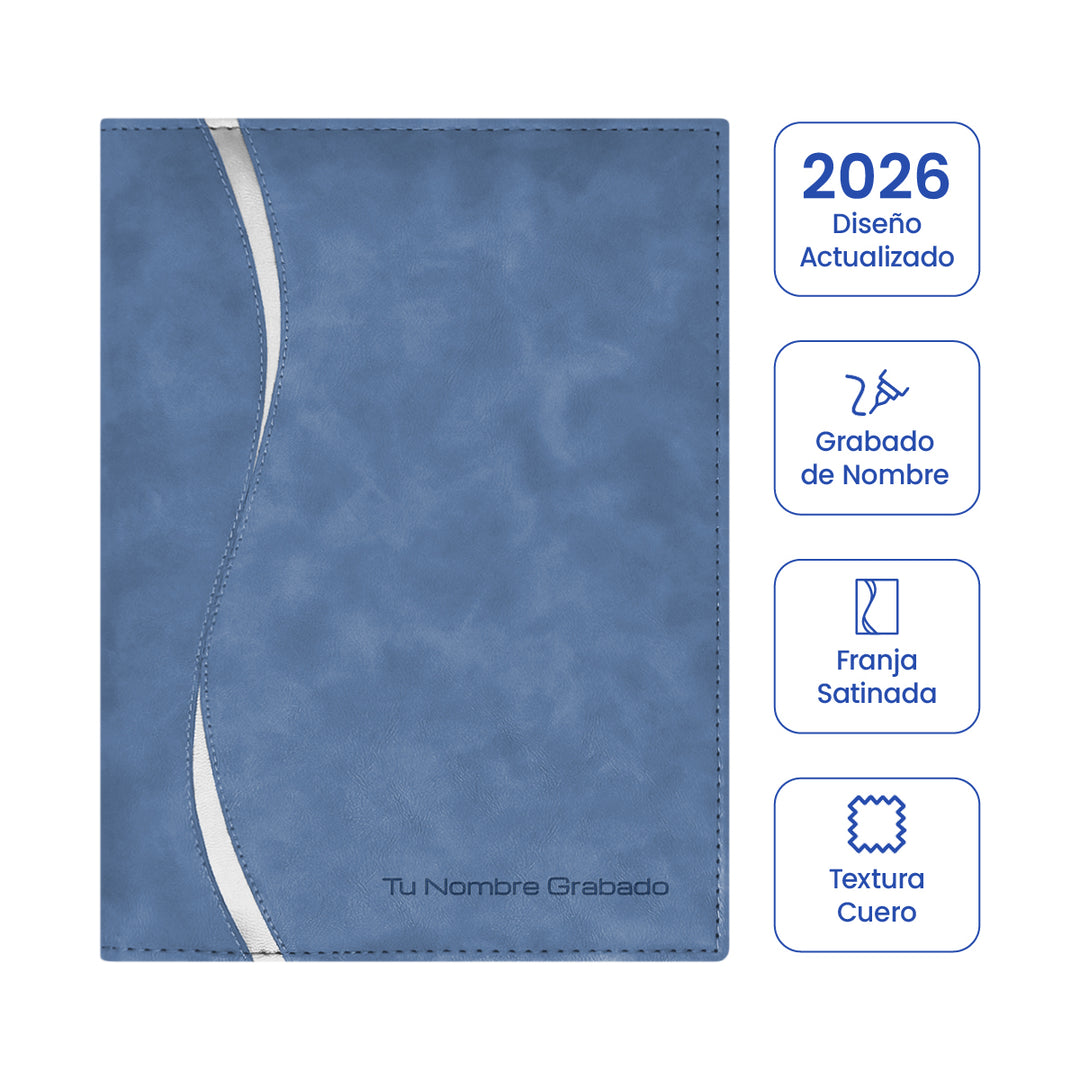 Cubierta de la Agenda Ejecutiva 2026 Azul Grafito Onda + Grabado Personalizado.