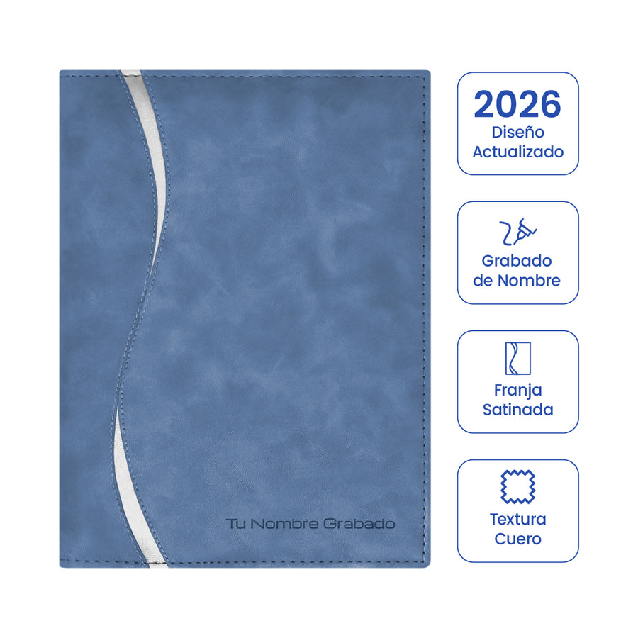 Cubierta de la Agenda Ejecutiva 2026 Azul Grafito Onda + Grabado Personalizado.