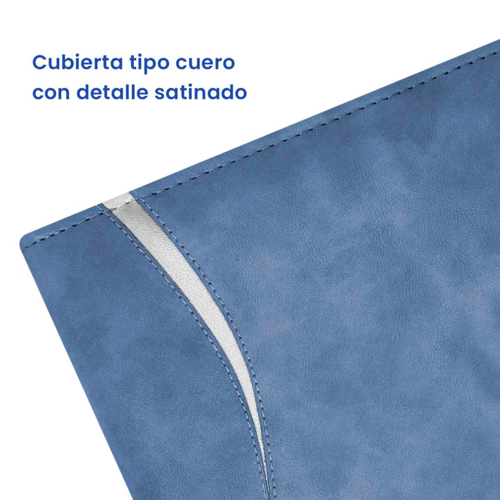 Detalle Satinado de Agenda Ejecutiva 2026 Azul Grafito Onda + Grabado Personalizado.