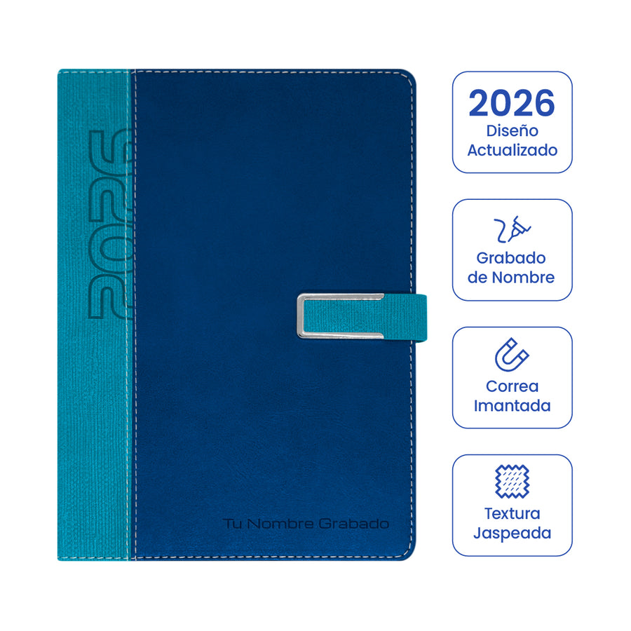 Cubierta de Agenda Ejecutiva 2026 Azul Jaspeada + Grabado Personalizado.