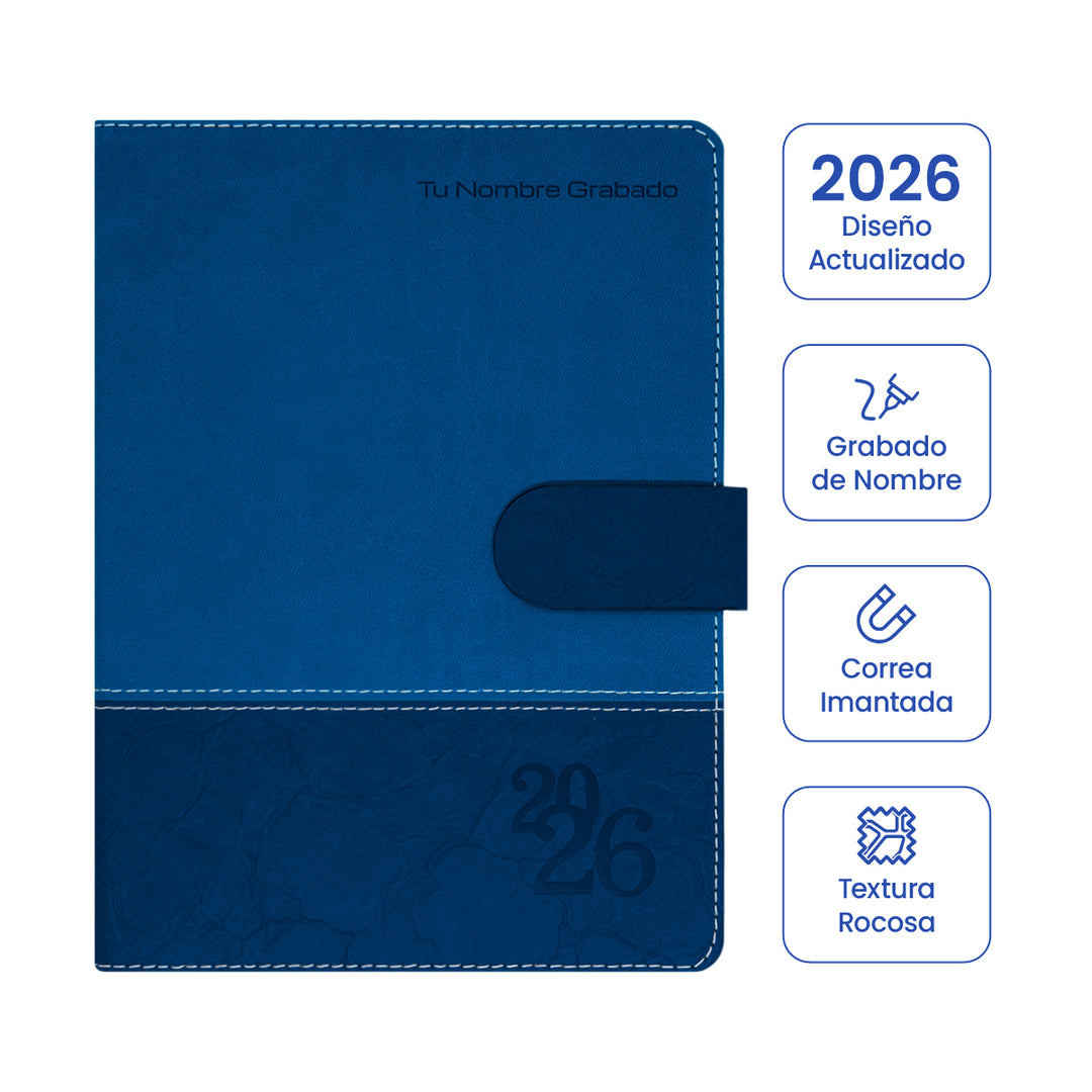 Cubierta de Agenda Ejecutiva 2026 Azul Rocosa + Grabado Personalizado.