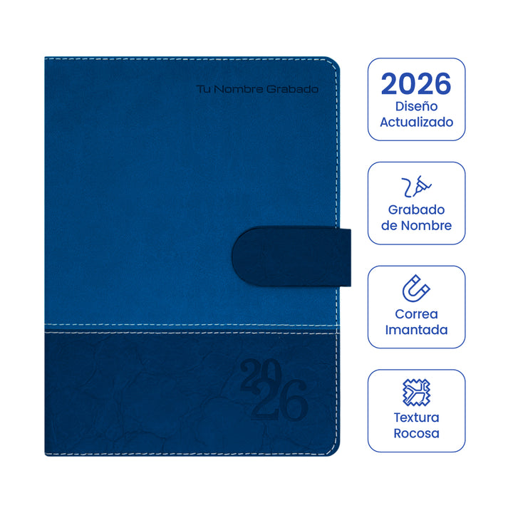 Cubierta de Agenda Ejecutiva 2026 Azul Rocosa + Grabado Personalizado.