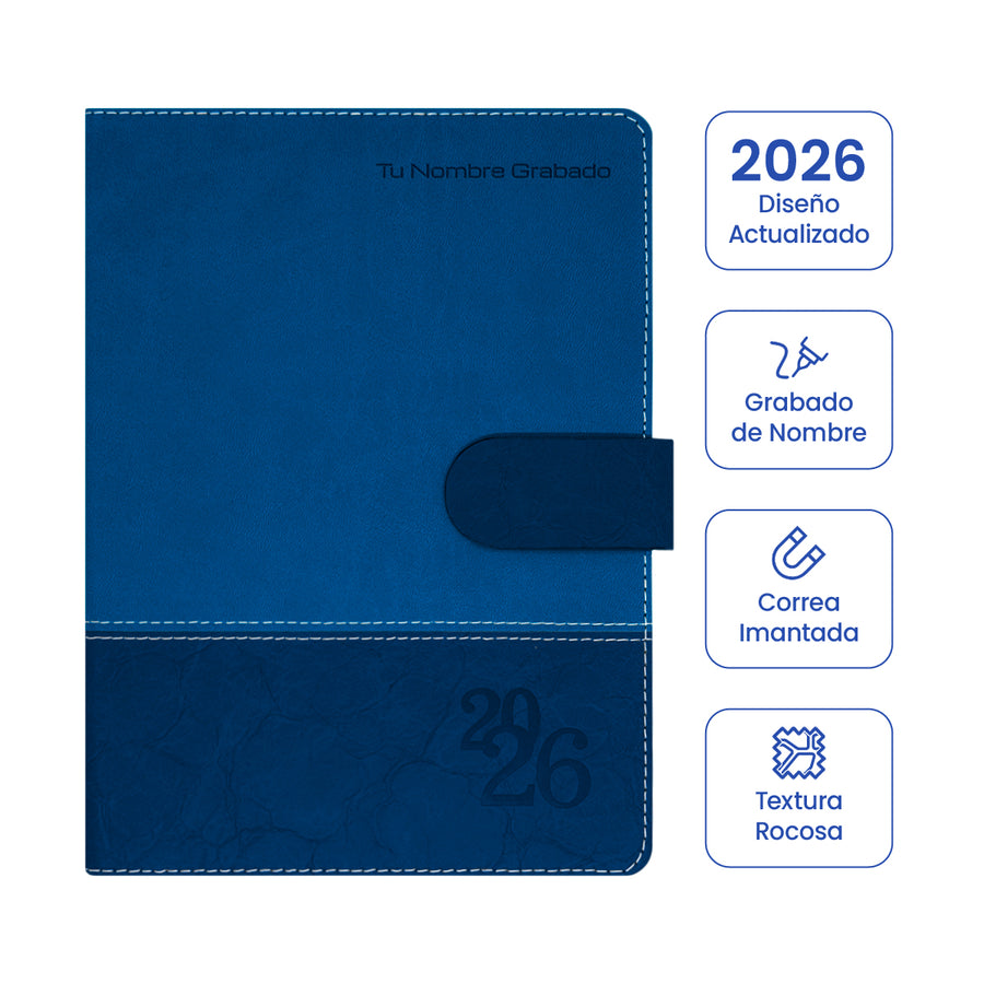 Cubierta de Agenda Ejecutiva 2026 Azul Rocosa + Grabado Personalizado.