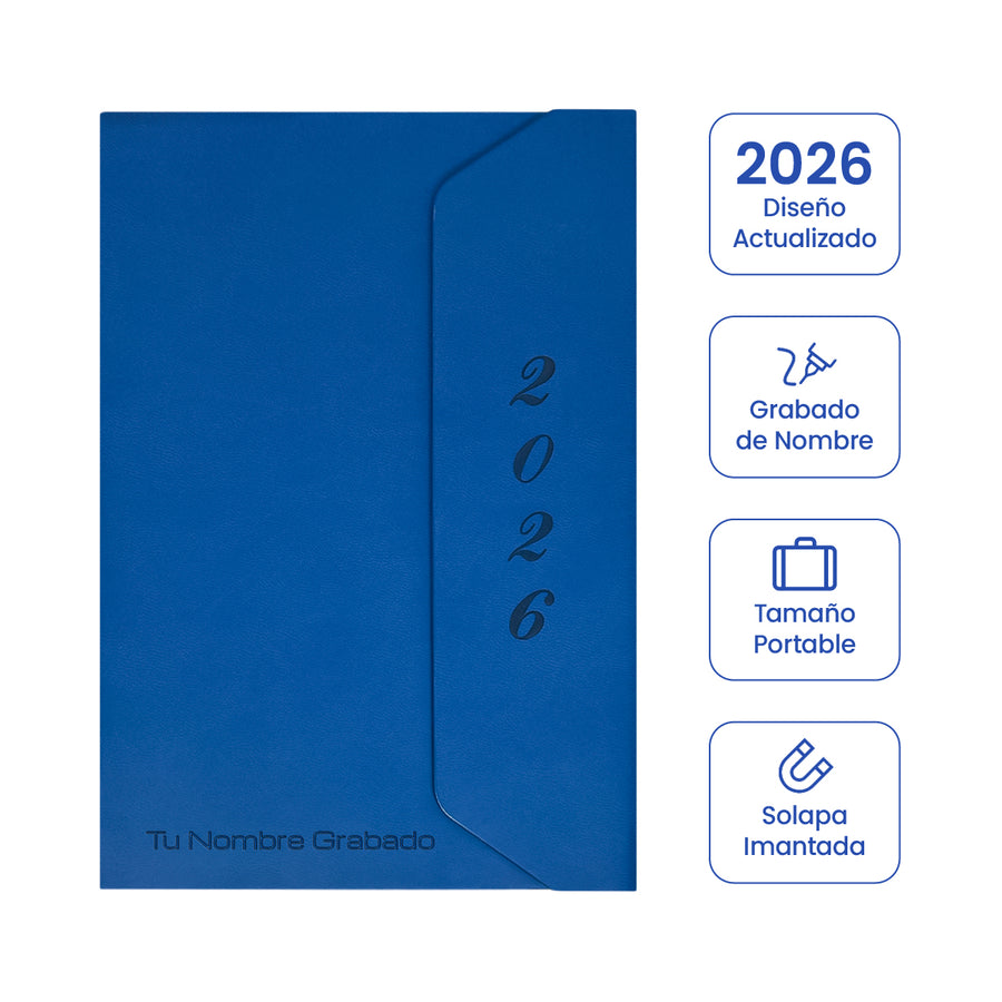 Cubierta de Agenda Ejecutiva 2026 Azul Solapa (A5) + Grabado Personalizado.