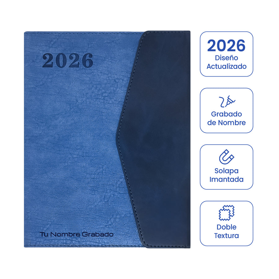 Cubierta de Agenda Ejecutiva 2026 Azul Solapa + Grabado Personalizado.