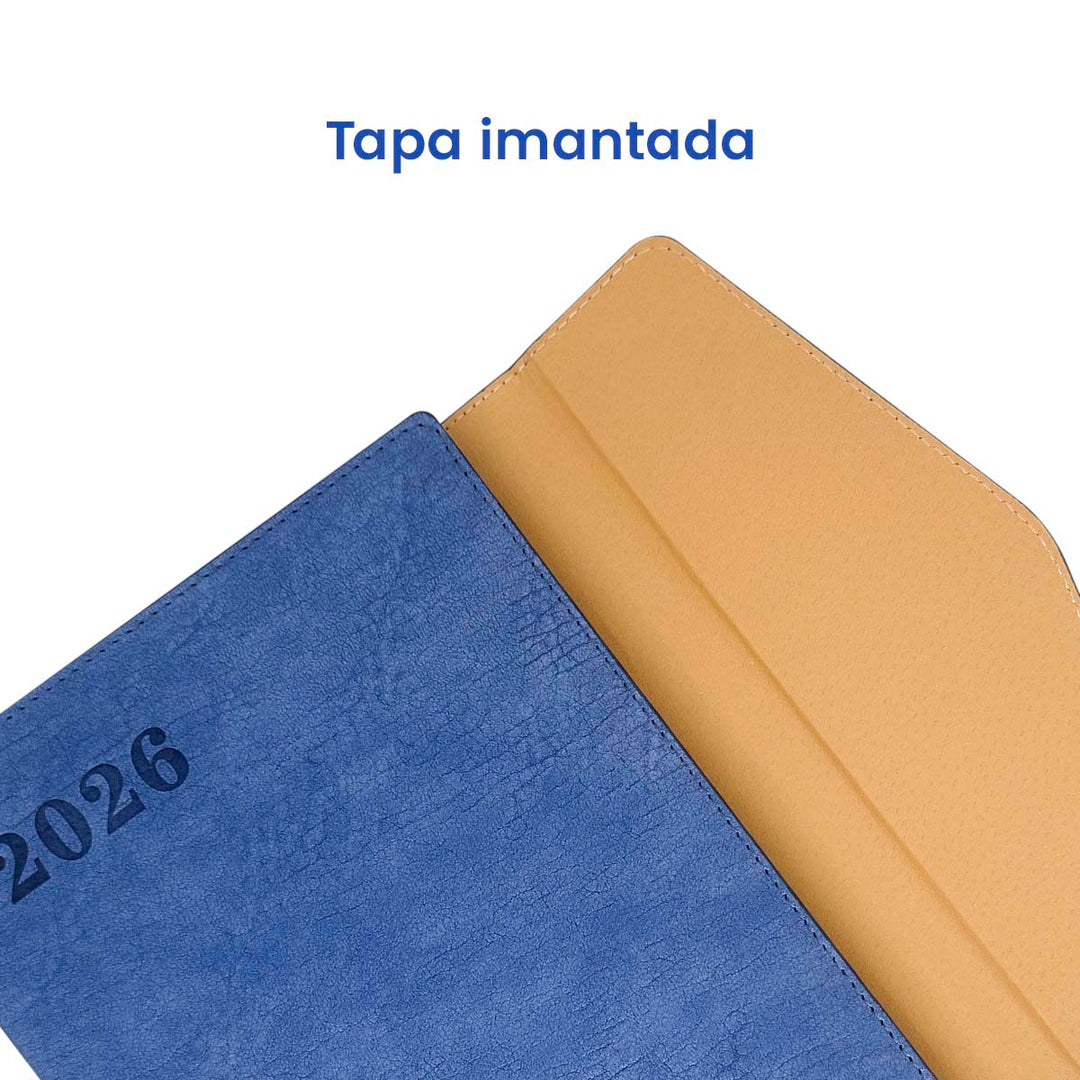 Tapa imantada de Agenda Ejecutiva 2026 Azul Solapa + Grabado Personalizado.
