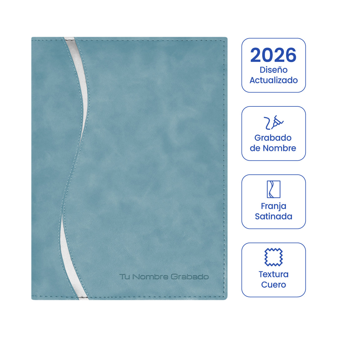 Cubierta de la Agenda Ejecutiva 2026 Celeste Onda + Grabado Personalizado.