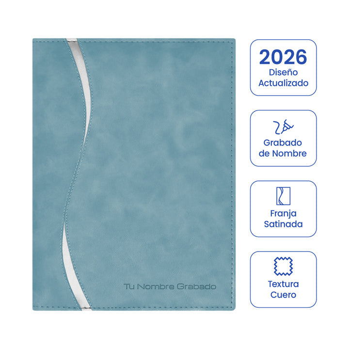 Cubierta de la Agenda Ejecutiva 2026 Celeste Onda + Grabado Personalizado.
