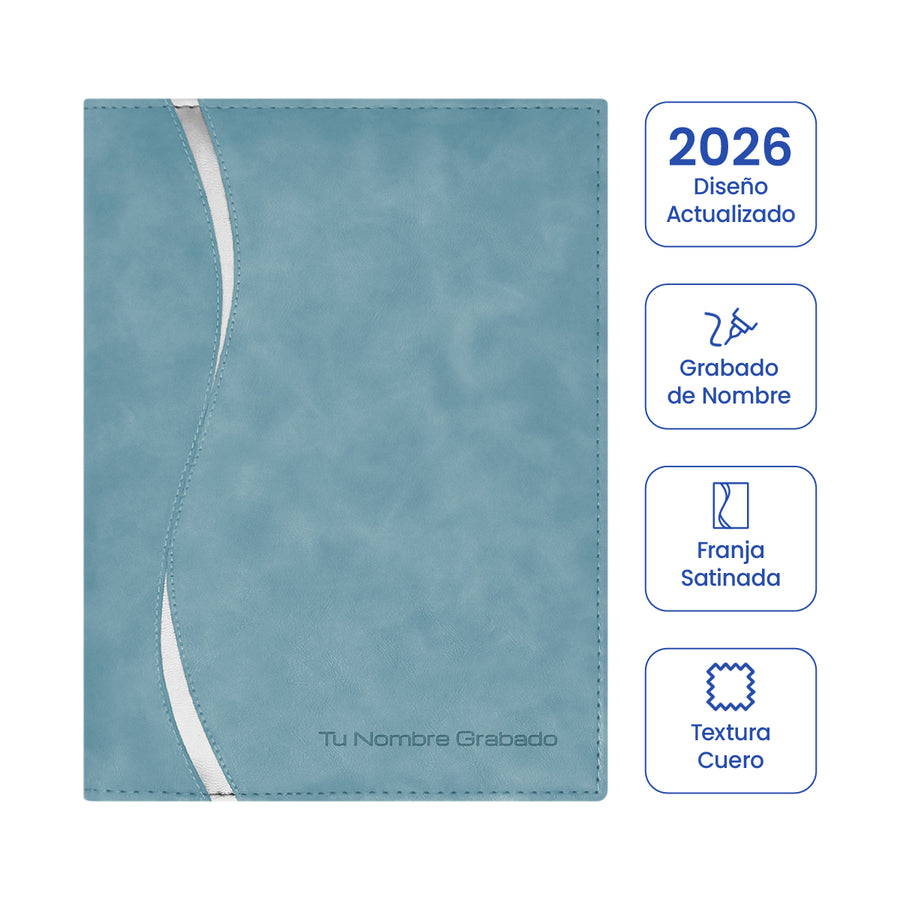 Cubierta de la Agenda Ejecutiva 2026 Celeste Onda + Grabado Personalizado.